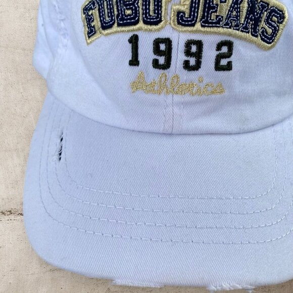 Vintage Fubu Jeans 1992 Athletics the Collection Hat NWT White Distressed *Flaws - Picture 2 of 12